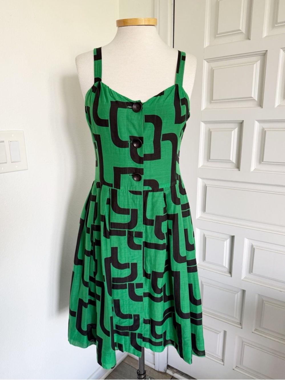 Tibi Green Black Midi Dress Bold Geometric Print Sundress Cotton Silk Size 4